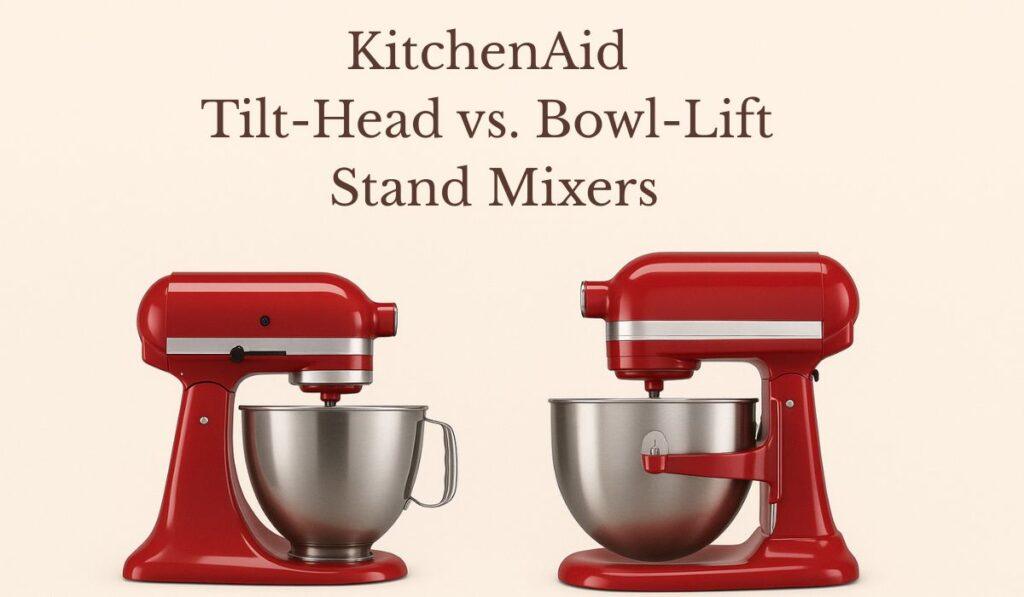 an image of a red kitchenaid tilt-head stand mixer and a red kitchenaid bowl-lift stand mixer facing each other representing kitchenaid tilt-head vs bowl-lift debate