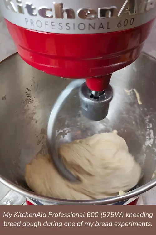 KitchenAid Professional 600 stand mixer kneading bread dough with a dough hook