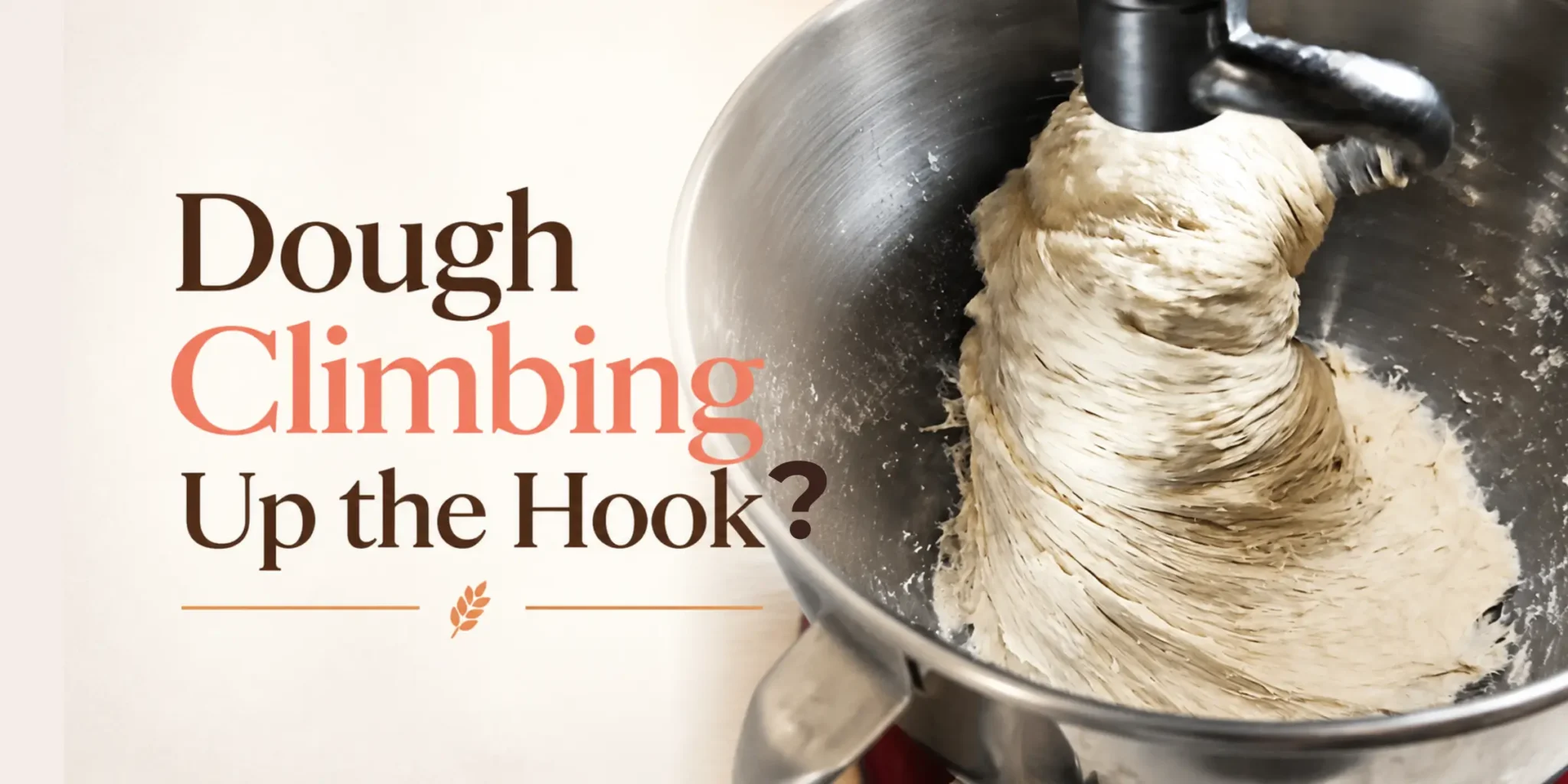 Close-up of sticky bread dough climbing and wrapping around a stand mixer dough hook inside a stainless steel mixing bowl during kneading, showing gluten development and dough pulling upward as the mixer runs.
