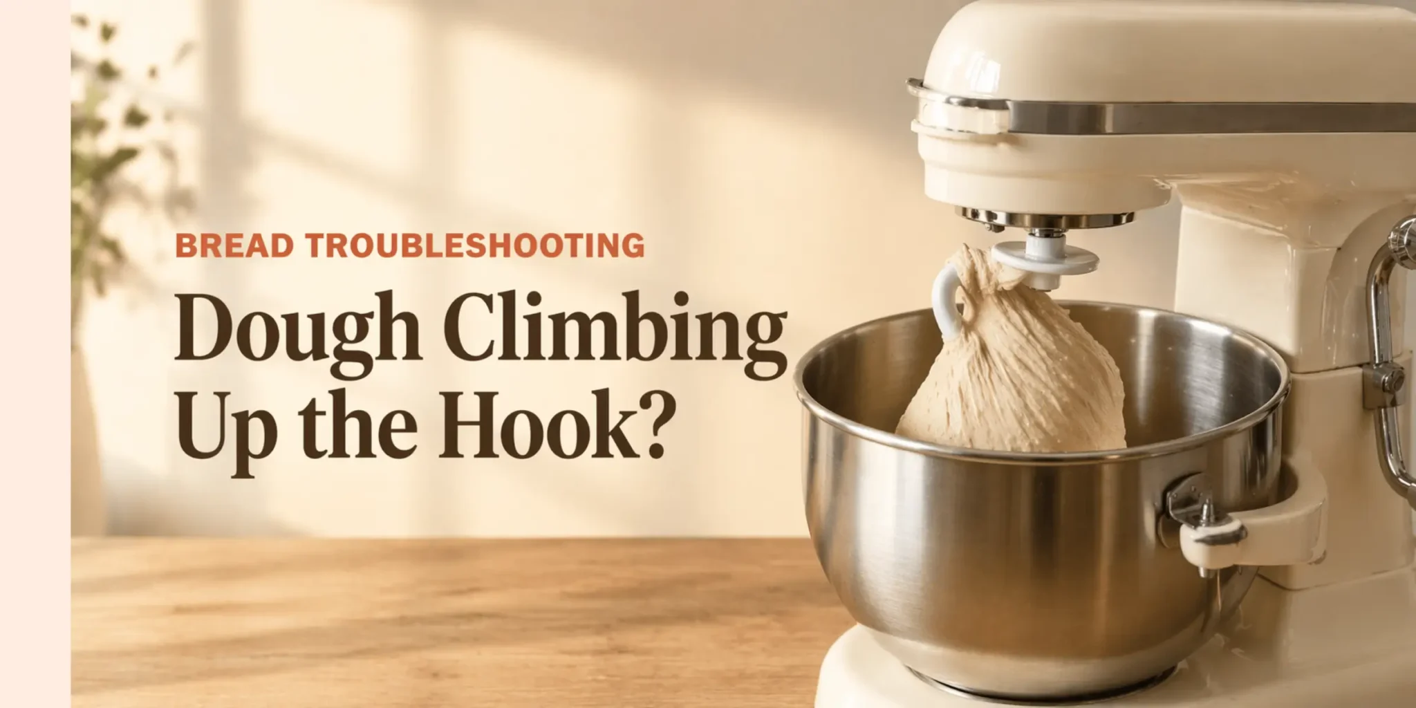 Stand mixer with bread dough climbing up the dough hook in a stainless steel bowl, showing a common kneading problem in a bowl-lift mixer.