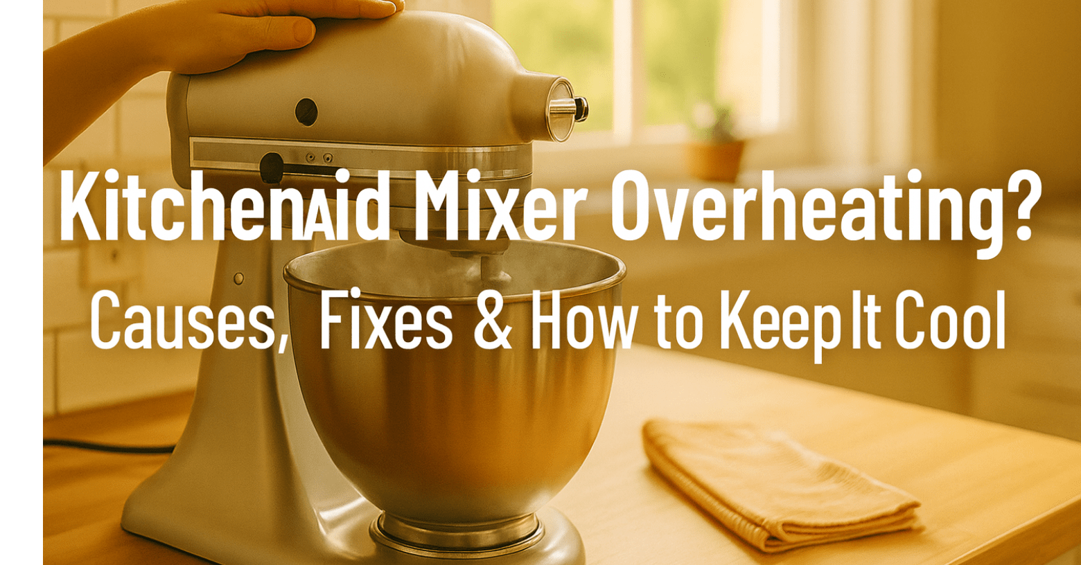 A bright, airy kitchen with a silver stand mixer resting on a wooden countertop after mixing dough. Warm sunlight streams through the window, a soft towel beside it, and subtle steam rising from the bowl, creating a calm, cozy “cool-down” moment after baking.