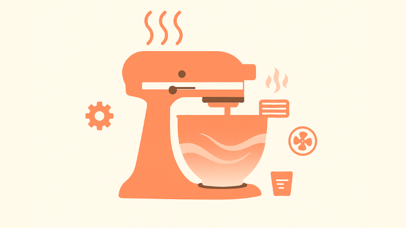 Minimalist editorial illustration of a stand mixer with gentle heatwave lines showing motor warmth and ventilation icons, coral and apricot accents, on a cream background.
