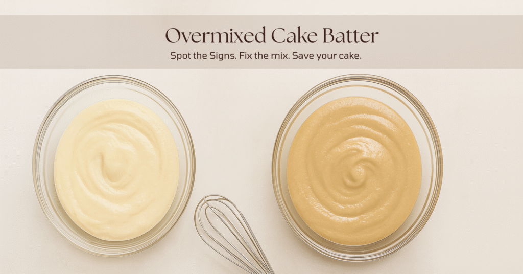 Overhead photo of two glass bowls of cake batter on a light marble surface — the left bowl with smooth, airy batter and the right bowl with glossy, thick overmixed cake batter, with a metal whisk resting diagonally between them.