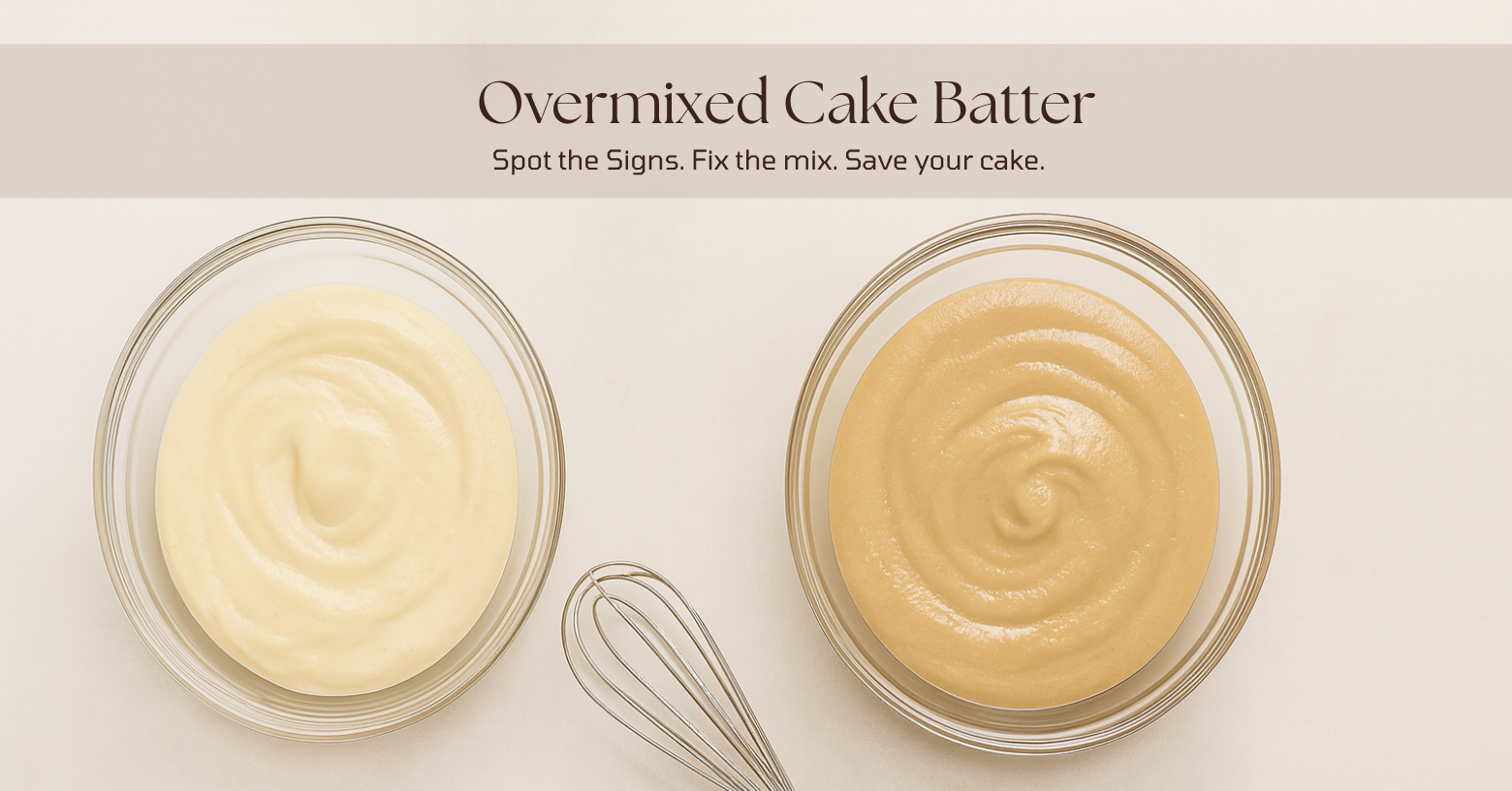 Overhead photo of two glass bowls of cake batter on a light marble surface — the left bowl with smooth, airy batter and the right bowl with glossy, thick overmixed cake batter, with a metal whisk resting diagonally between them.
