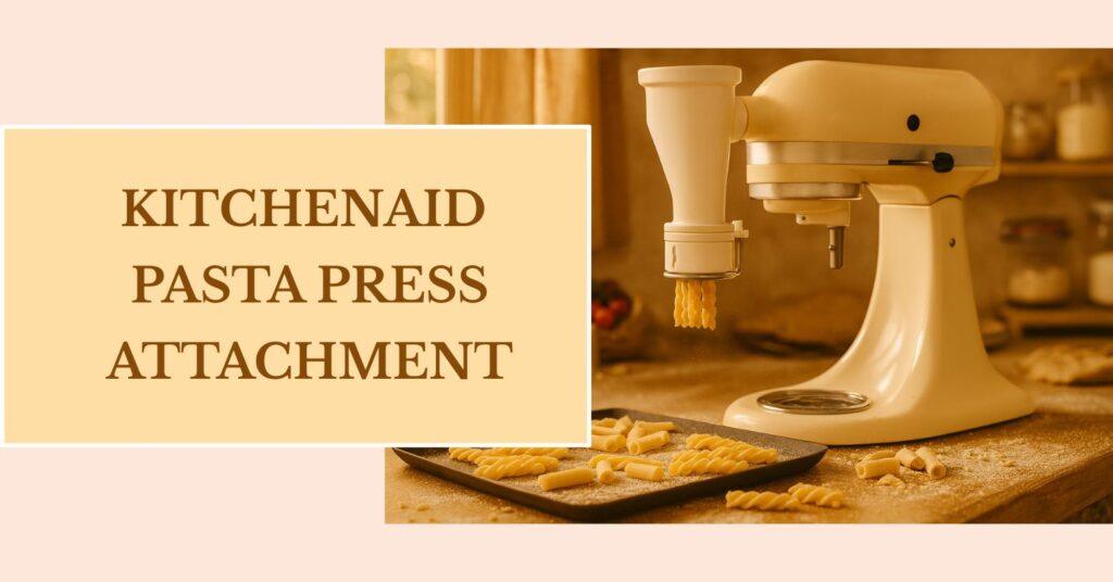 Tan stand mixer fitted with a blurred-brand pasta extruder attachment in a warm, sunlit kitchen. The extruder releases long bucatini strands onto a flour-dusted wooden counter surrounded by various pasta shapes, semolina, tomatoes, and cheese, creating a realistic homemade pasta preparation scene