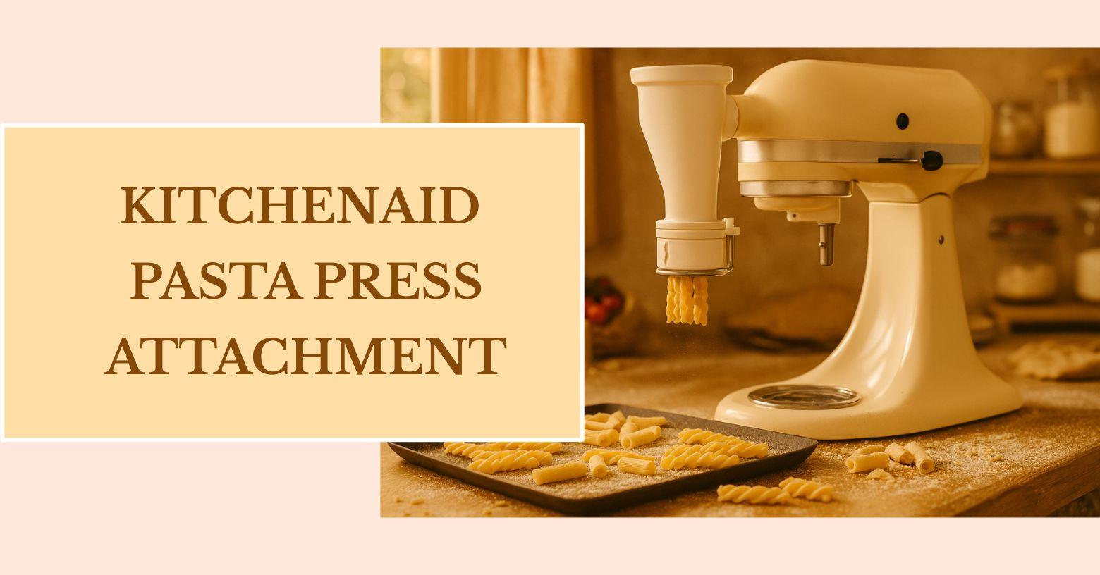 Tan stand mixer fitted with a blurred-brand pasta extruder attachment in a warm, sunlit kitchen. The extruder releases long bucatini strands onto a flour-dusted wooden counter surrounded by various pasta shapes, semolina, tomatoes, and cheese, creating a realistic homemade pasta preparation scene