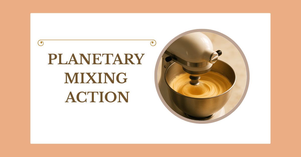 image of a stand mixer with batter in a bowl, swirl motion that represents planetary mixing