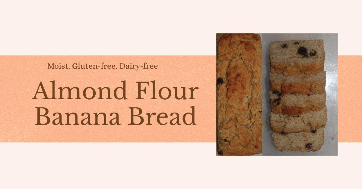 photo of a loaf and slices of moist, gluten-free, and dairy-free almond flour banana bread
