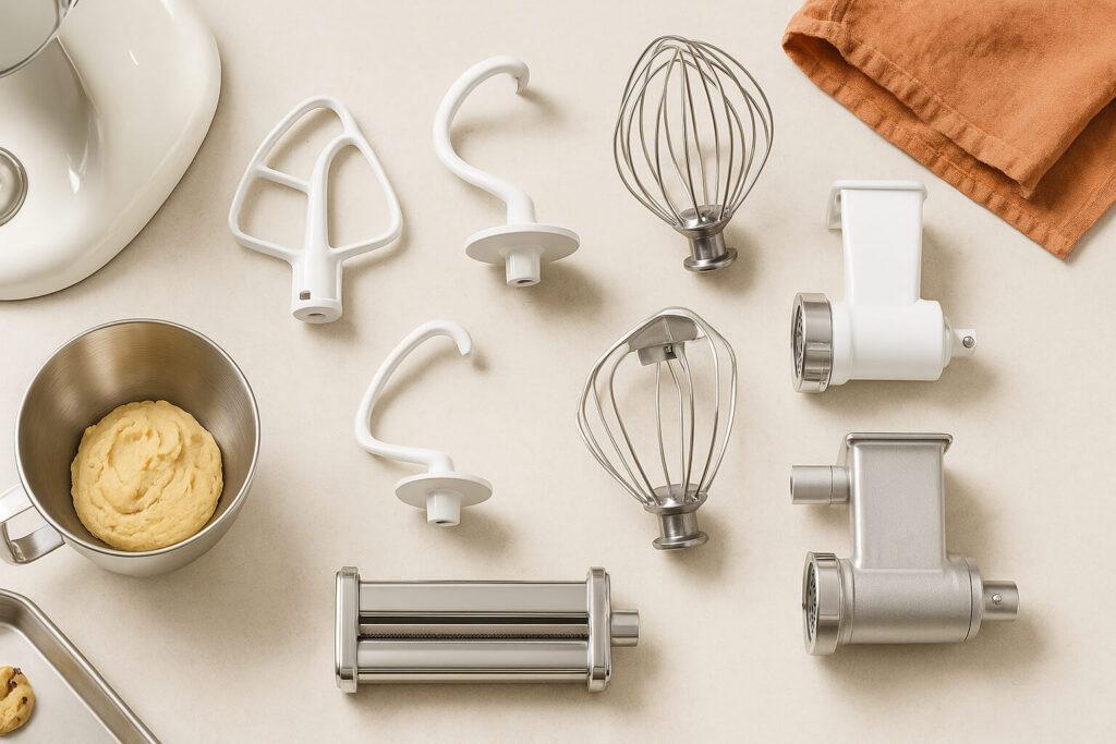 KitchenAid mixer accessories and attachments Top-down view of a stand mixer base with a stainless steel bowl of dough, surrounded by flat beaters, dough hooks, wire whisks, a pasta roller, and grinder-style attachments on a light countertop with an apricot kitchen towel.