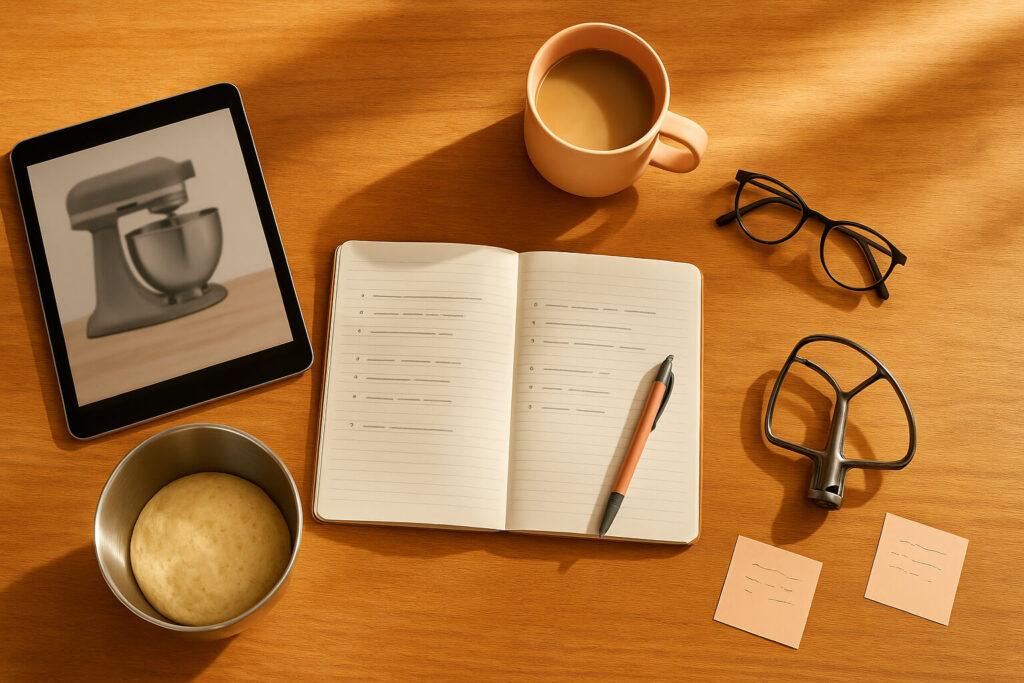 Kitchenaid mixer comparison notes Open notebook with pen on a warm wooden table, next to a tablet showing a stand mixer, a mug of coffee, eyeglasses, a bowl of dough, a flat beater, and sticky notes, suggesting someone making kitchenaid mixer comparison notes.