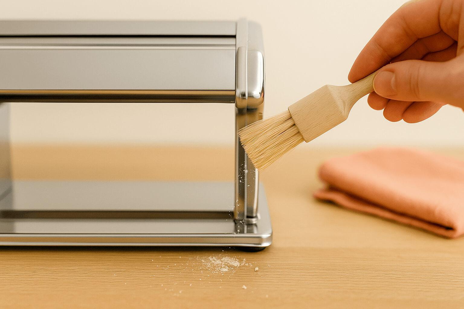 Close-up of a dry pastry brush cleaning dried dough from pasta machine rollers on a wooden counter