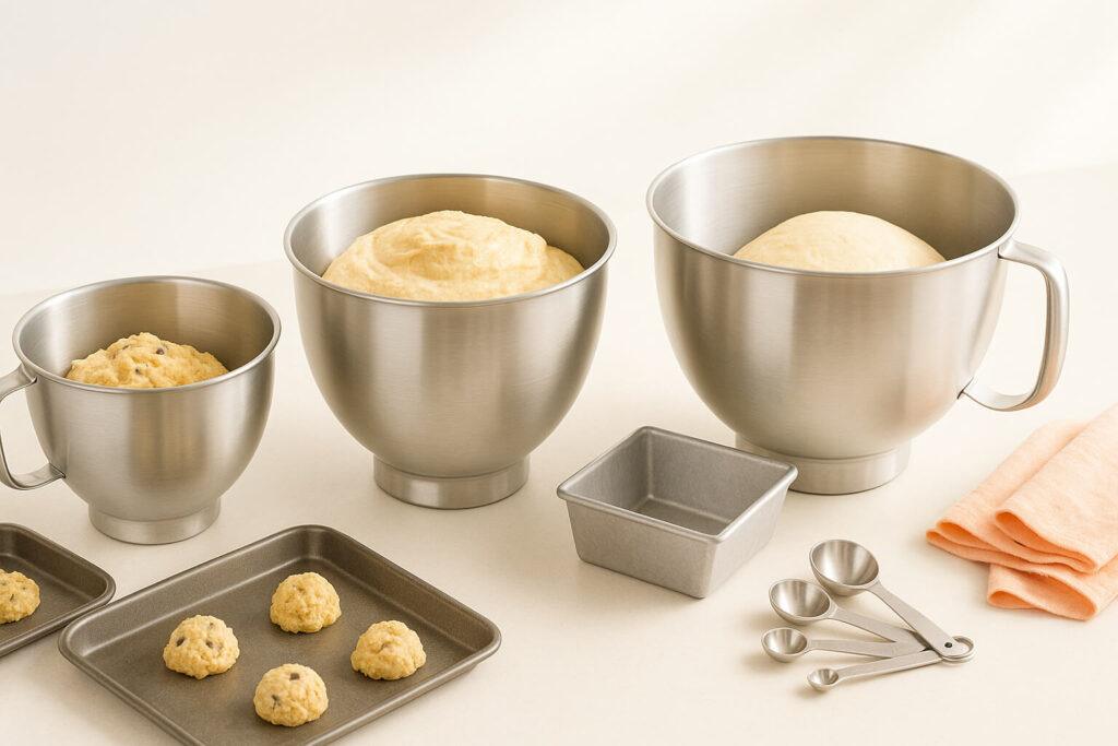 different KitchenAid Mixer bowl sizes Three stainless steel mixer bowls in small, medium, and large sizes on a light countertop, filled with cookie dough, cake batter, and bread dough, with cookie sheets, a loaf pan, measuring spoons, and an apricot kitchen towel showing different batch capacities.