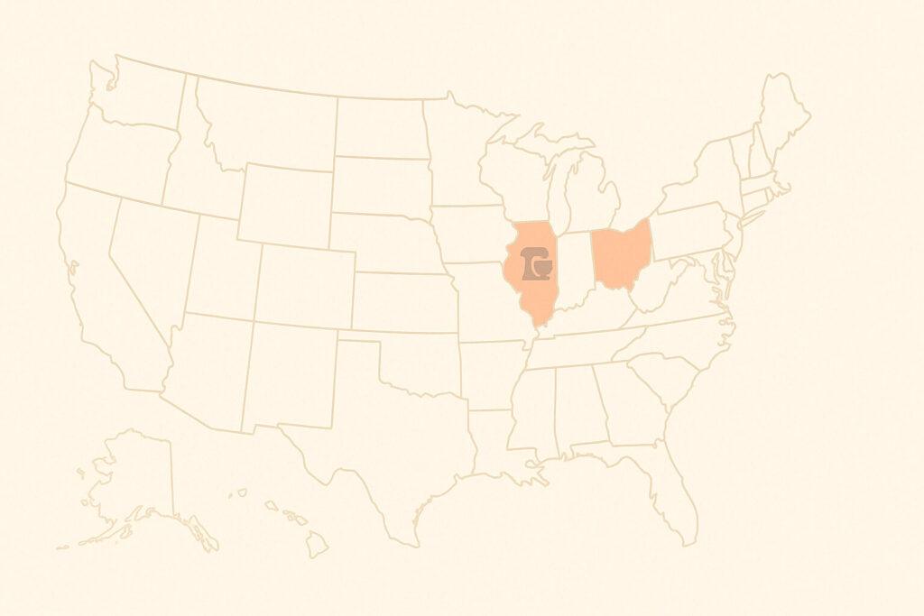 map of indicating ohio Minimalist map of the United States on a cream background with Ohio highlighted in apricot and a small stand mixer icon marking the state