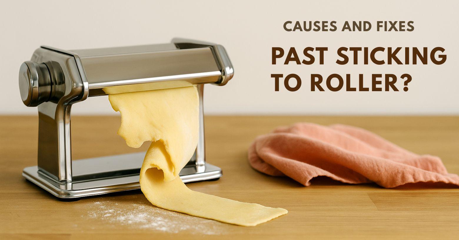 Minimalist kitchen scene with a manual pasta machine on a wooden counter and pasta dough sticking to roller in a bunched, torn sheet, with an apricot towel beside it.