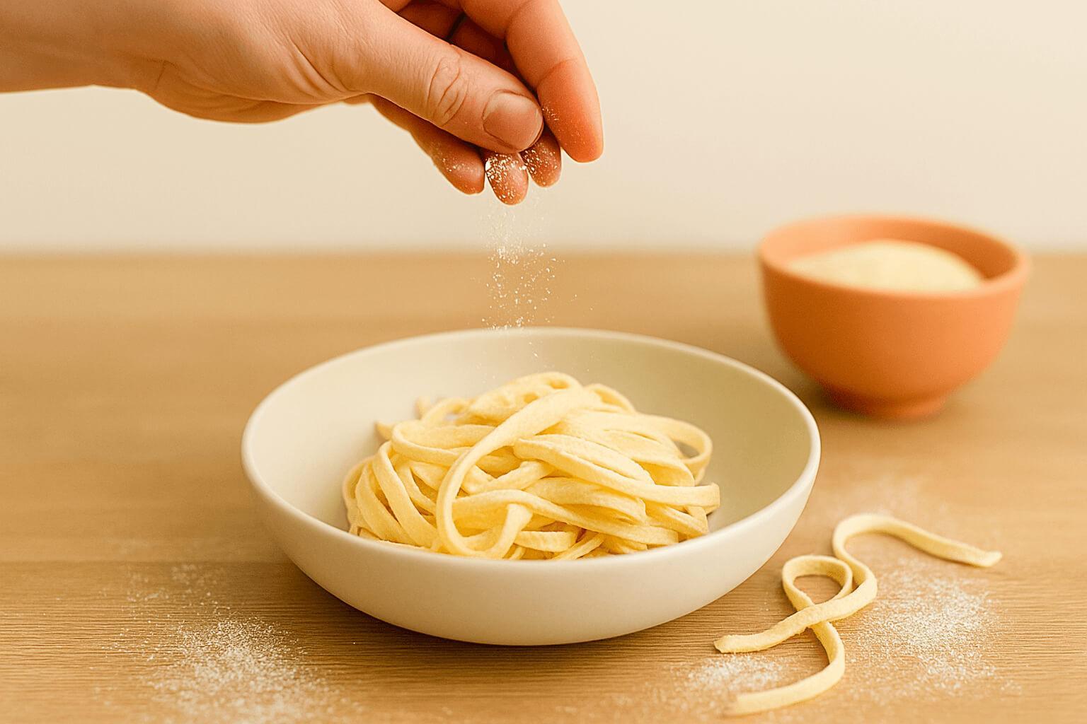 Hand sprinkling semolina over fresh pasta strands in a shallow bowl to keep them from sticking together.