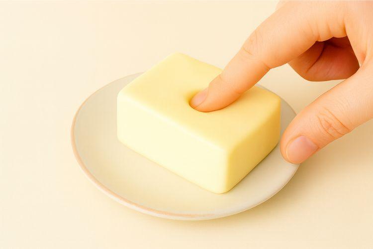 softened butter soft butter in a saucer with a finger pressing into it