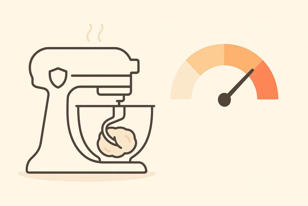stand-mixer-overload-protection-strain-meter-graphic Minimal graphic of a stand mixer kneading thick dough with a strain meter gauge pointing high and a shield icon, on a cream background.