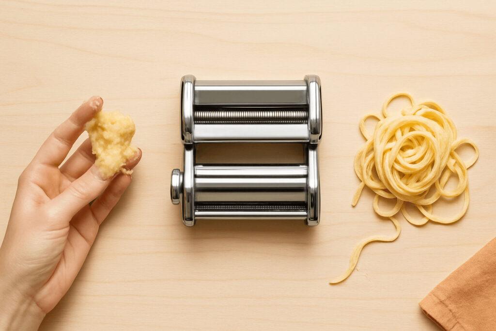triage Flat-lay showing sticky pasta dough on fingers, a pasta machine roller with pasta dough sticking to roller, and clumped pasta strands on a wooden surface