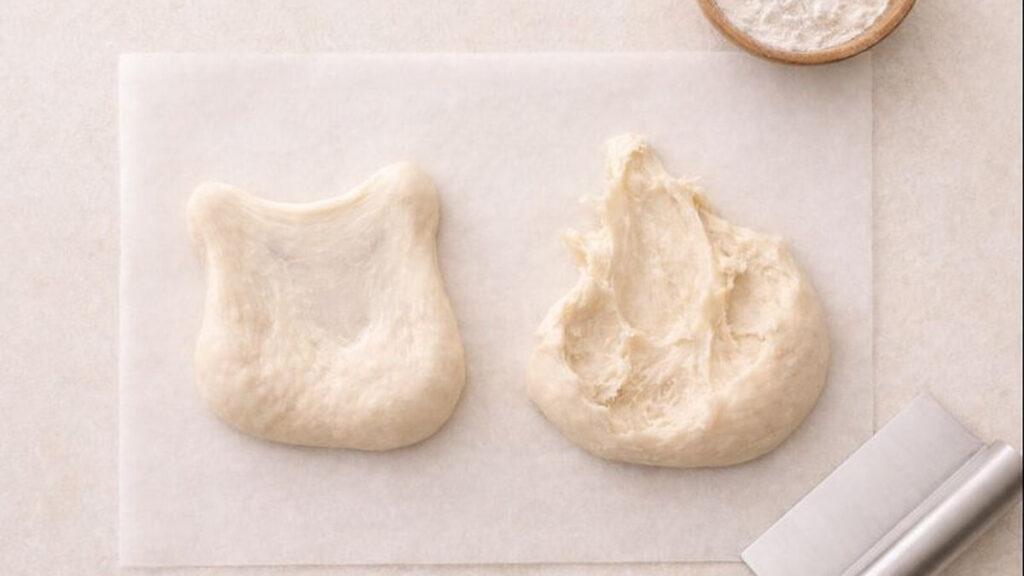 Top-down photo comparing sandwich bread dough: left dough stretches into a thin windowpane, right dough looks tight and torn (over-kneaded), with a small bowl of flour and a metal bench scraper on parchment.