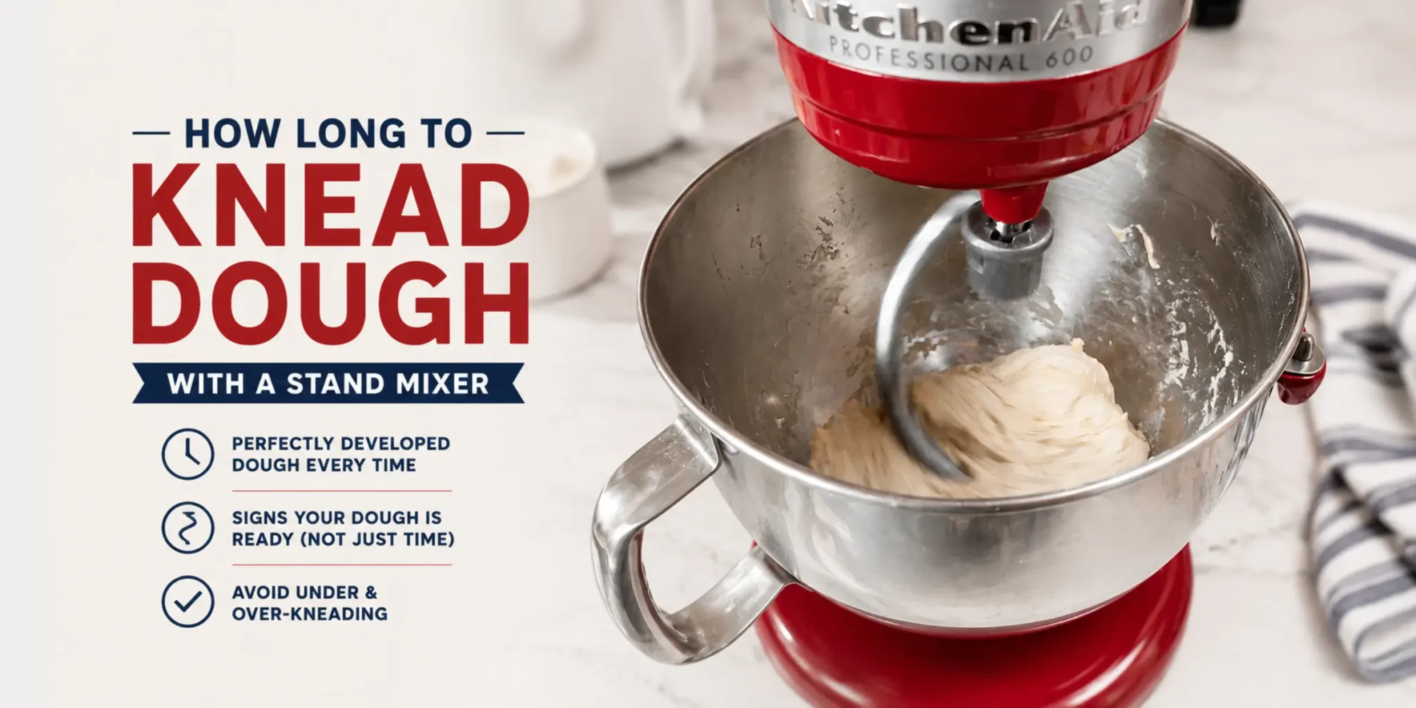 Red stand mixer kneading bread dough in a stainless steel bowl with text explaining how long to knead dough with stand mixer.