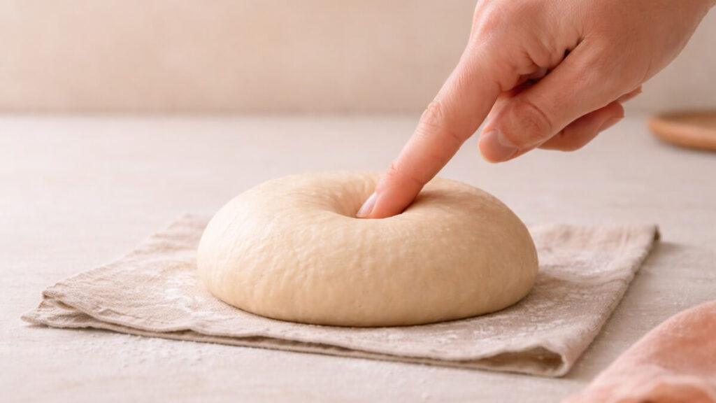 poke test for how long to knead dough with stand mixer showing a finger gently pressing a ball of dough 