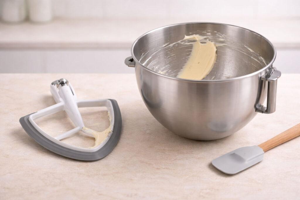 Flex edge beater beside a stainless mixer bowl with a buttercream smear showing a clean scraped path; small spatula on the countertop.