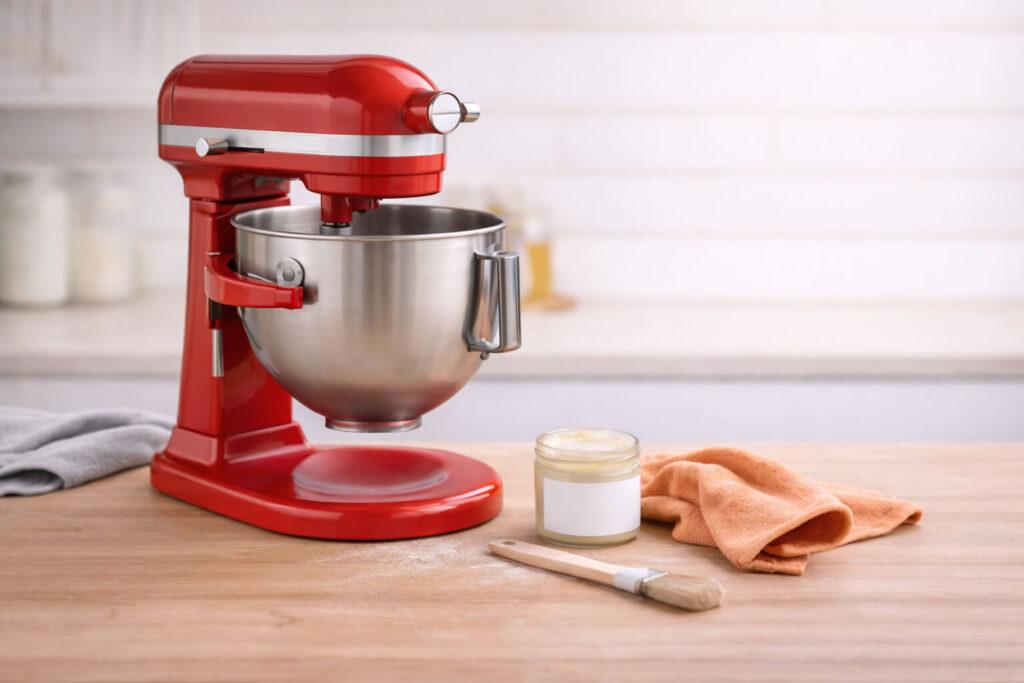 KitchenAid 7-quart stand mixer review of maintenance. Red bowl-lift stand mixer angled to the right with the stainless bowl raised on the lift arms, beside a jar of food-safe grease, a small cleaning brush, and an apricot cloth on a wooden countertop.