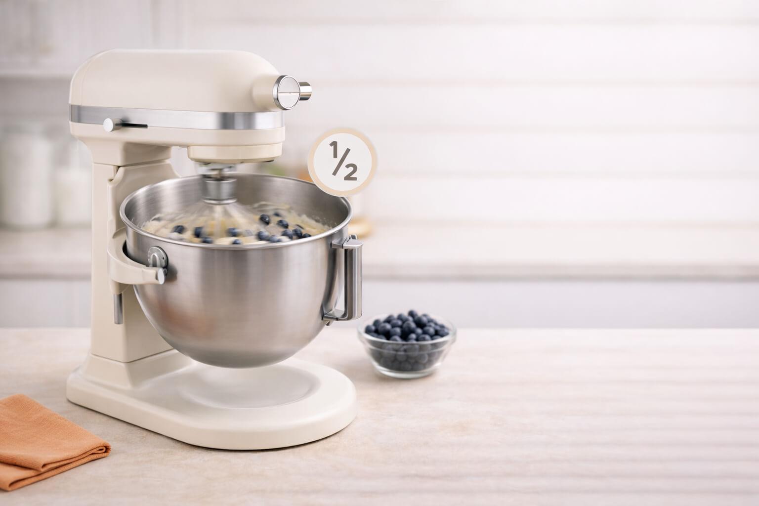 kitchenaid 7-quart half speed Cream bowl-lift stand mixer gently folding blueberries into batter in a raised stainless bowl, with a small “½” speed icon and a bowl of blueberries on the countertop.