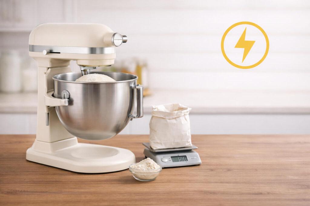 KitchenAid 7-quart stand mixer review motor and power. Cream bowl-lift stand mixer with stainless bowl raised, dough inside, beside a kitchen scale holding a flour bag and a small bowl of flour; power icon in background.