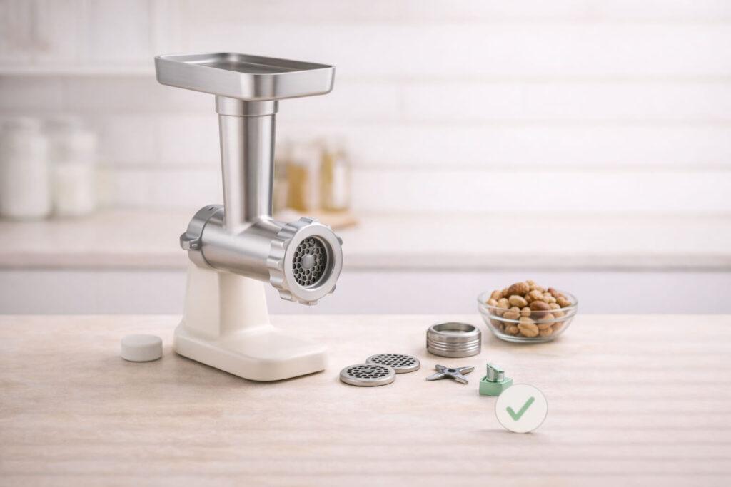 KitchenAid-style hub meat grinder attachment centered on a cream countertop with grinding plates, blade, and ring nut laid out beside it, plus a small bowl of nuts and an icon-only checkmark card.