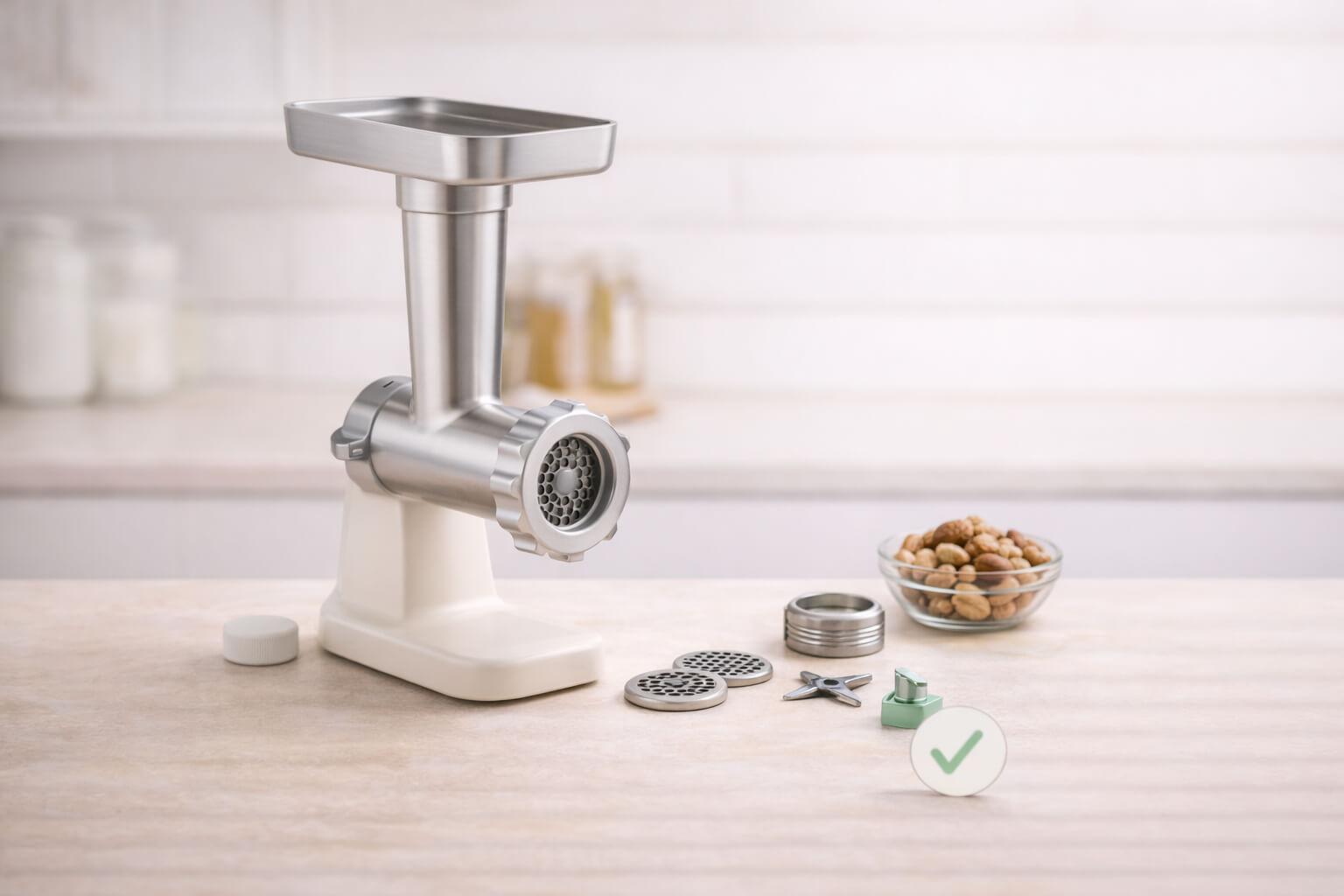 kitchenaid meat grinder KitchenAid-style hub meat grinder attachment centered on a cream countertop with grinding plates, blade, and ring nut laid out