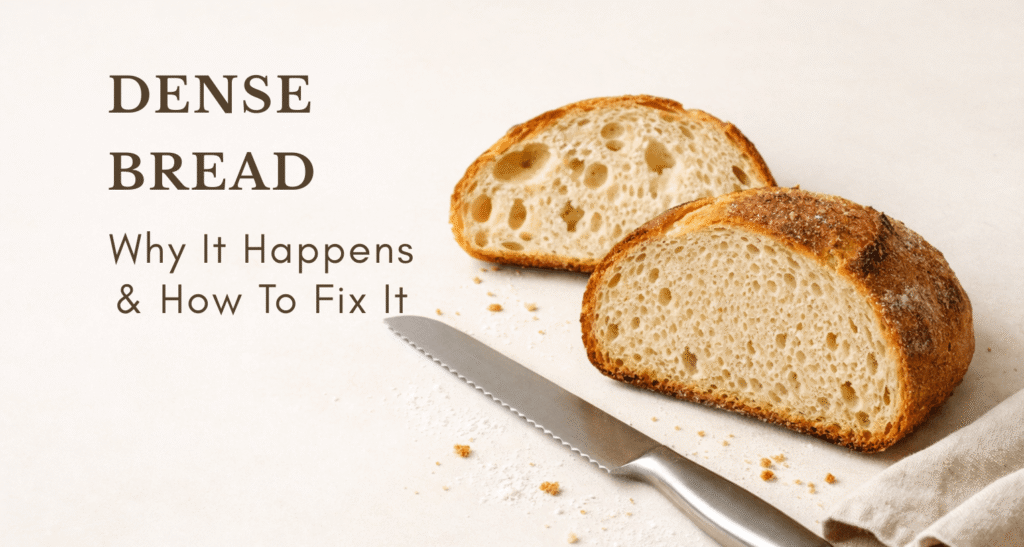 Dense bread with tight crumb in the foreground and a more open crumb slice behind, shown on a cream surface with a serrated knife.