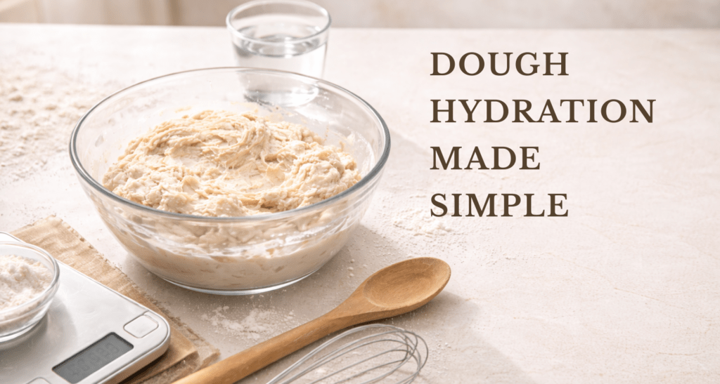 Glass bowl of shaggy bread dough on a baking counter with a scale and water, showing dough hydration as a flour-to-water ratio.