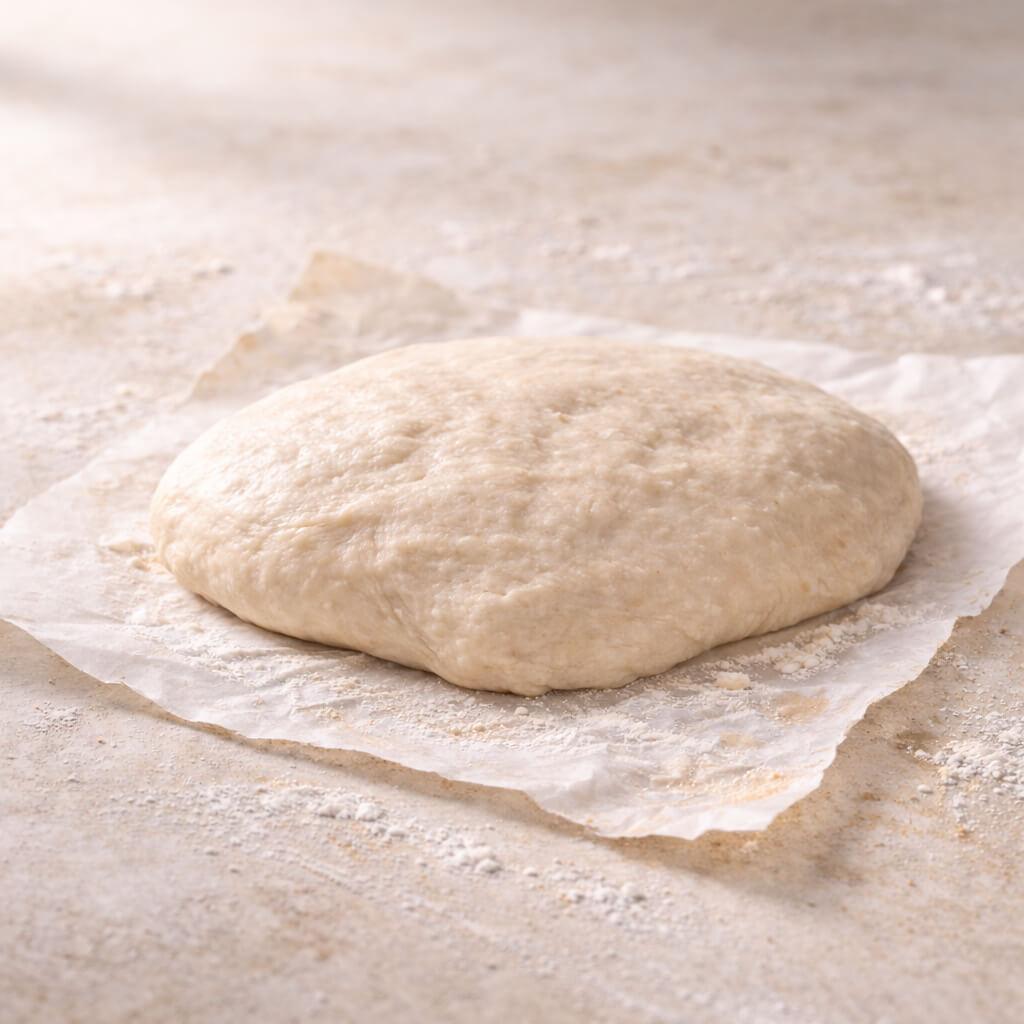 Proofed bread dough with a relaxed, slightly wrinkled surface spreading wider on wrinkled parchment on a lightly floured counter.