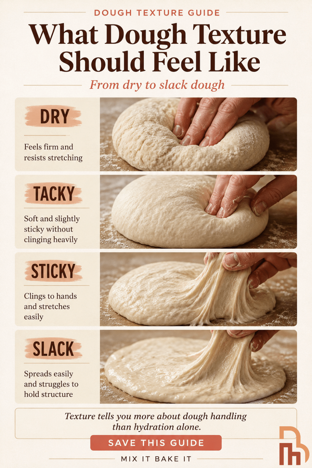 Visual dough texture guide showing dry, tacky, sticky, and slack bread dough with hand interaction examples to compare how different dough textures feel during mixing and shaping.