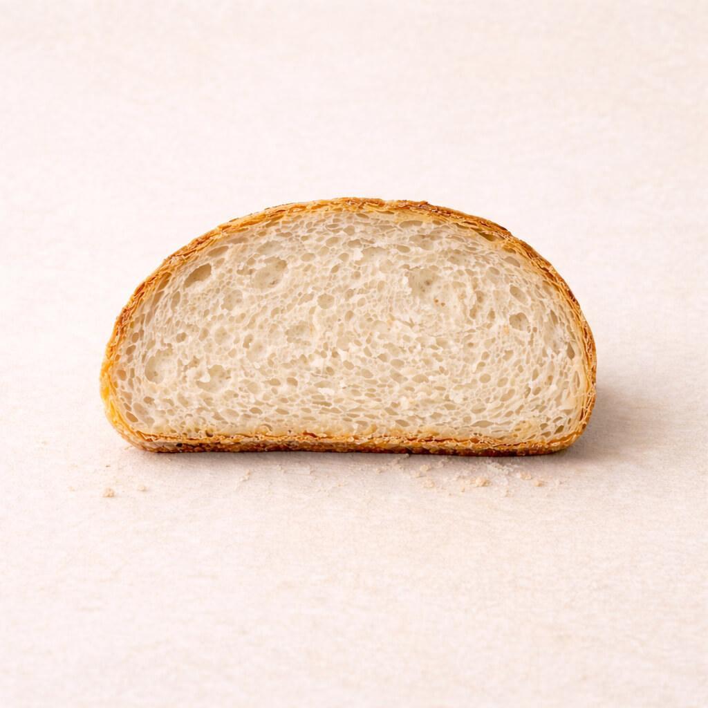 Moderate bread crumb with small but varied holes showing proper expansion