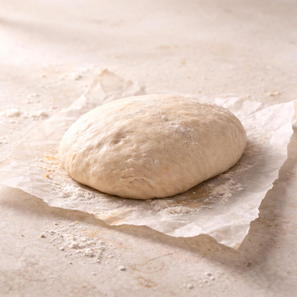 Proofed bread dough with a taut surface and compact, lifted shape resting on wrinkled parchment on a lightly floured counter.