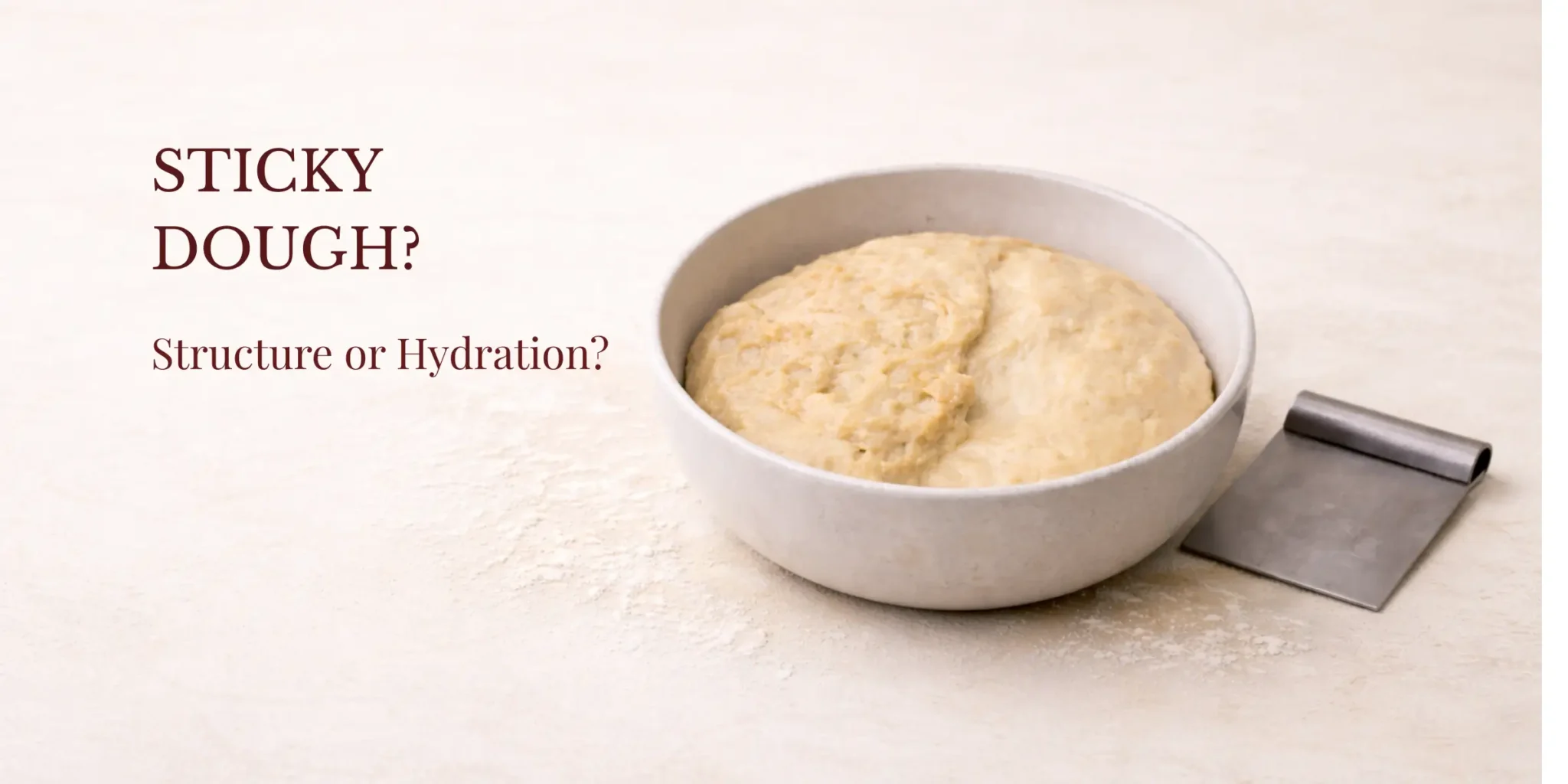 Bread dough in a ceramic bowl showing rough underdeveloped texture on one side and smoother cohesive texture on the other, with a bench scraper beside it on a cream surface.
