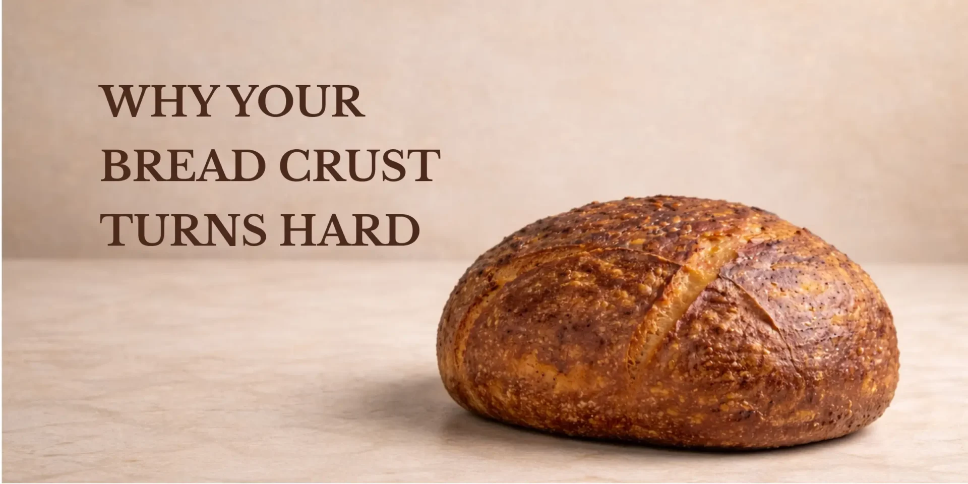 Featured image showing a whole loaf of bread with a dark, thick crust on the right and the title “Why Your Bread Crust Turns Hard” on the left.