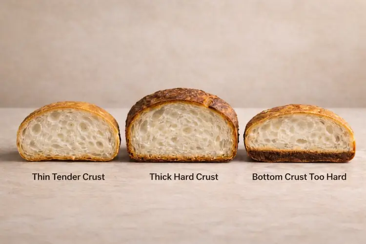 Three labeled bread slices comparing bread crust too hard problems: thin tender crust, thick hard crust, and bottom crust too hard.