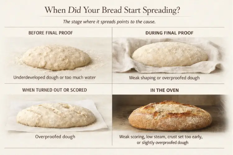 Why bread spreads instead of rising: inline visual showing four stages where bread can spread, with causes including underdeveloped dough, too much water, weak shaping, overproofed dough, weak scoring, low steam, and crust setting too early.