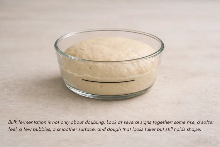 Glass bowl of bread dough not rising during bulk fermentation on a light neutral countertop, with a visible starting-level marker line and extra empty space below for text overlay.