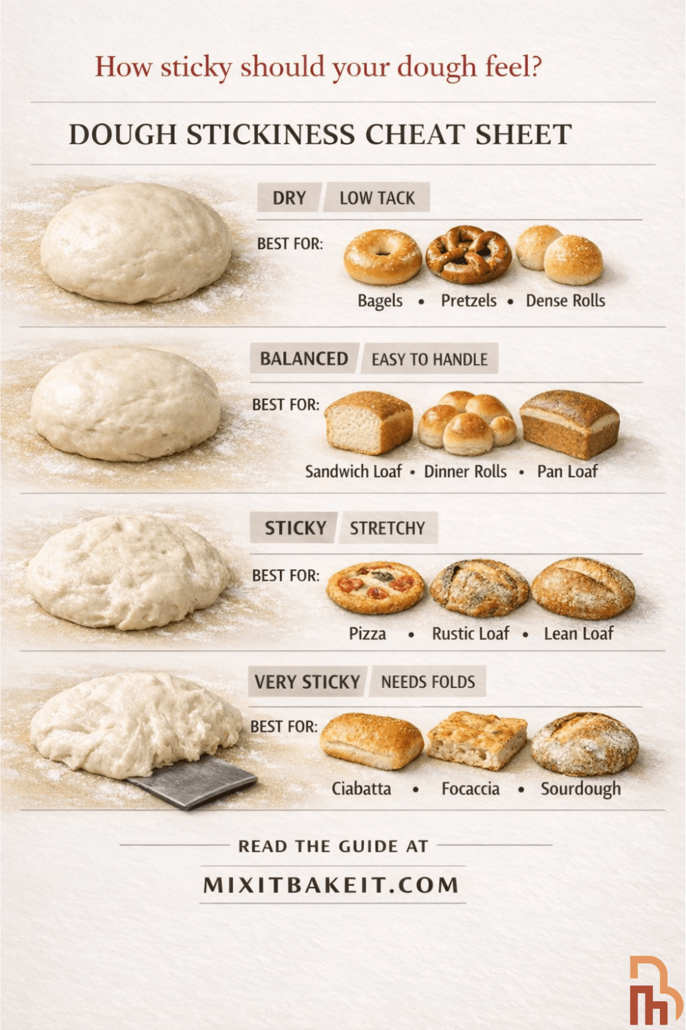 Bread dough stickiness chart comparing dry, balanced, sticky, and very sticky dough with examples including bagels, sandwich bread, pizza, ciabatta, focaccia, and sourdough.