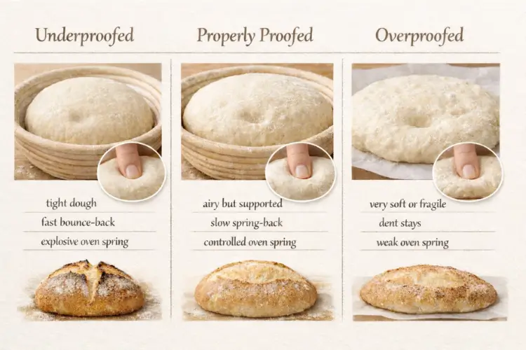 Side-by-side comparison showing underproofed vs overproofed dough vs properly proofed dough. The underproofed dough looks tight and springs back quickly when poked, producing a loaf with a strong split. The properly proofed dough is airy with a slow spring-back and bakes into a balanced loaf. The overproofed dough is very soft with a dent that stays and produces a flatter loaf with weaker oven spring.
