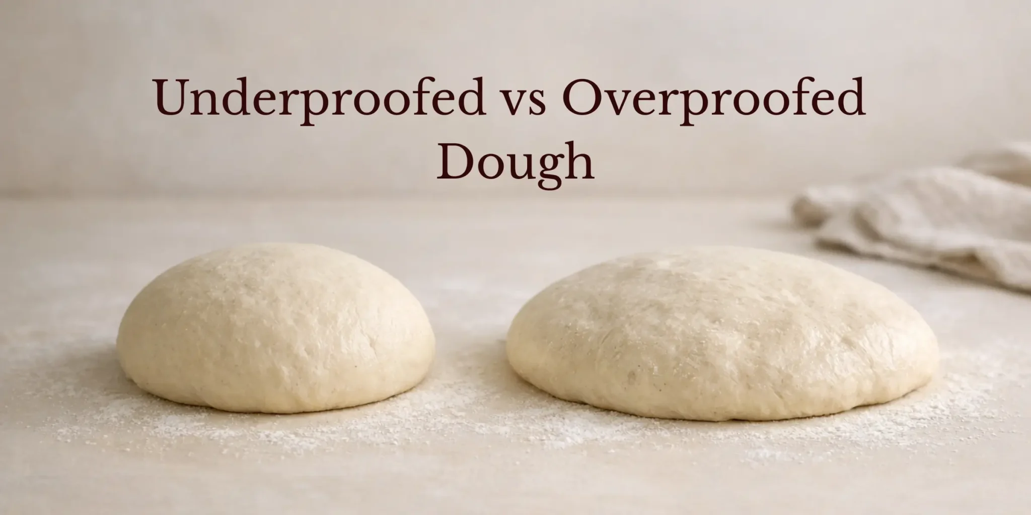 Wide featured image showing two round bread doughs side by side on a lightly floured surface, with the underproofed dough on the left looking smaller, taller, and tighter, and the overproofed dough on the right looking wider, flatter, and more spread out.