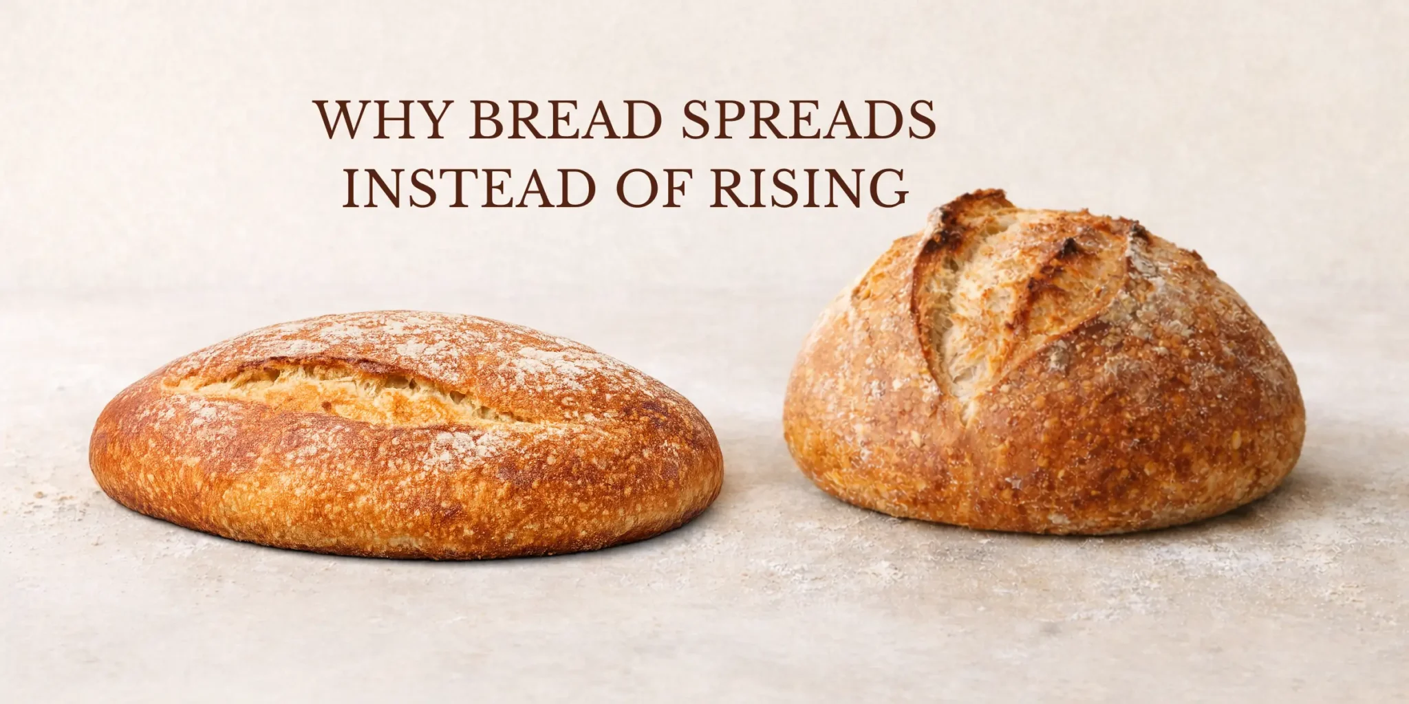 Featured image for why bread spreads instead of rising, showing a flatter, wider loaf with weaker oven spring beside a taller, better-risen loaf on a light neutral surface.