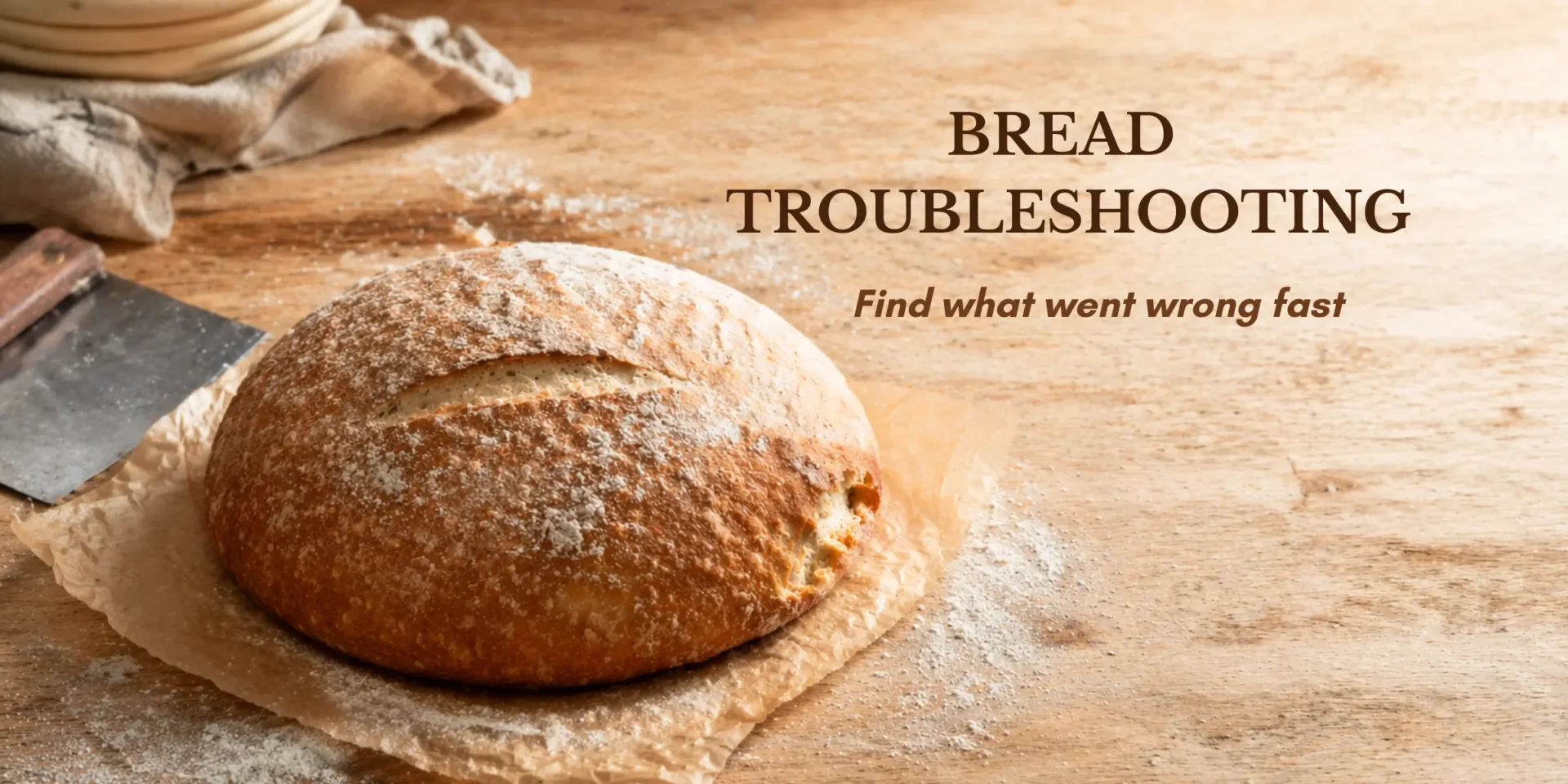 Bread baking troubleshooting featured image showing a rustic round artisan loaf on parchment over a wooden surface, with a shallow score that barely opened, slight sideways spread, a small side crack, light flour dusting, and open space on the right for text overlay.