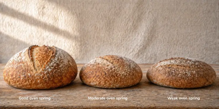 Three artisan bread loaves showing good, moderate, and weak oven spring, with visible differences in height, score opening, and bloom.
