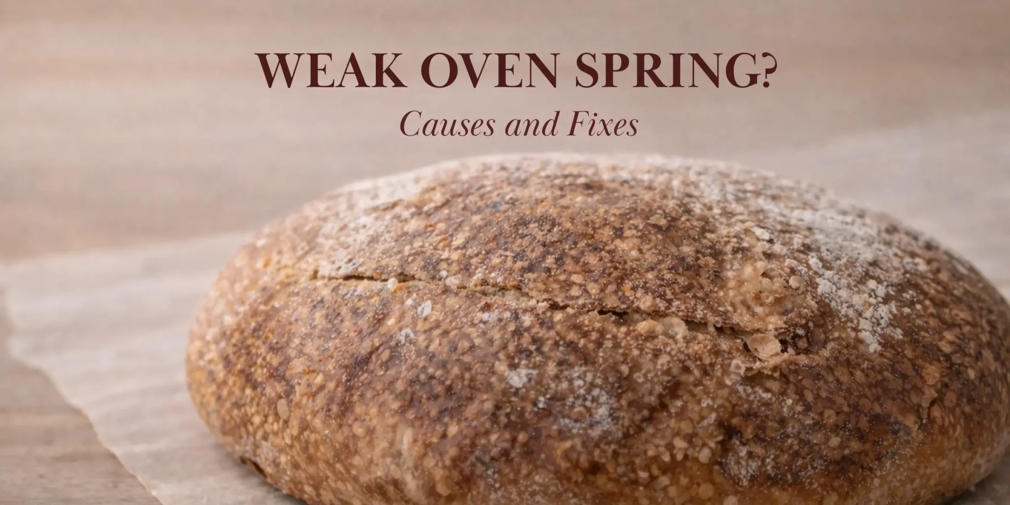 Weak oven spring sourdough loaf with a low, broad shape and a shallow score that barely opened, shown on parchment with soft natural light and overlaid text “Weak Oven Spring? Causes and Fixes.”