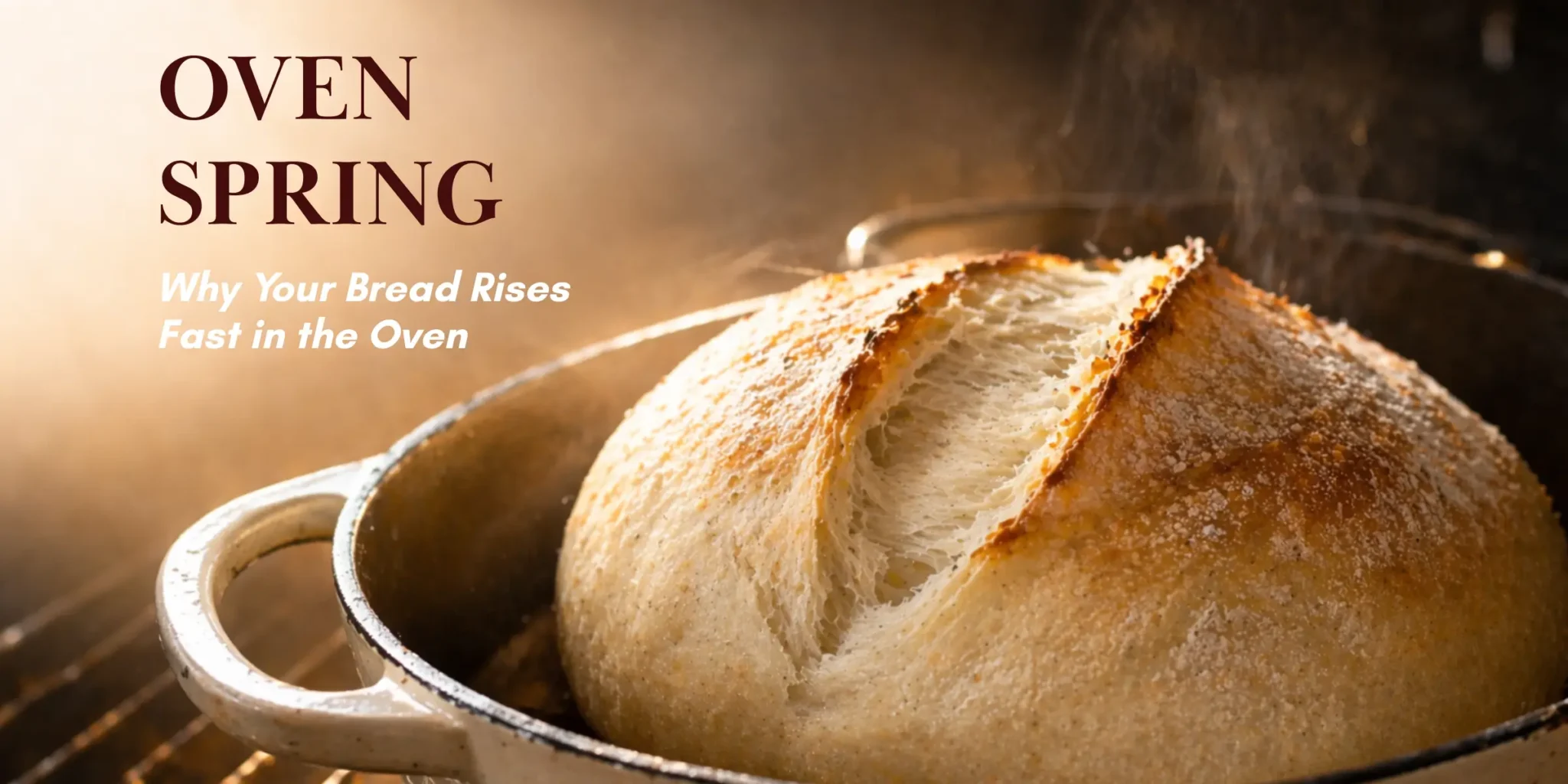Round artisan bread loaf during early oven spring in a Dutch oven, showing visible upward rise and an opening score as the dough expands before full browning.
